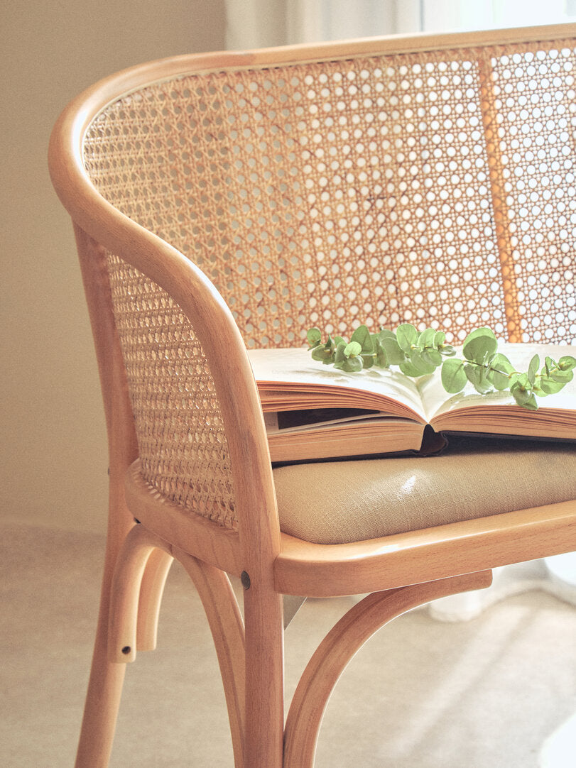 Pacific Natural Cane and Beech Wood Bench with Backrest