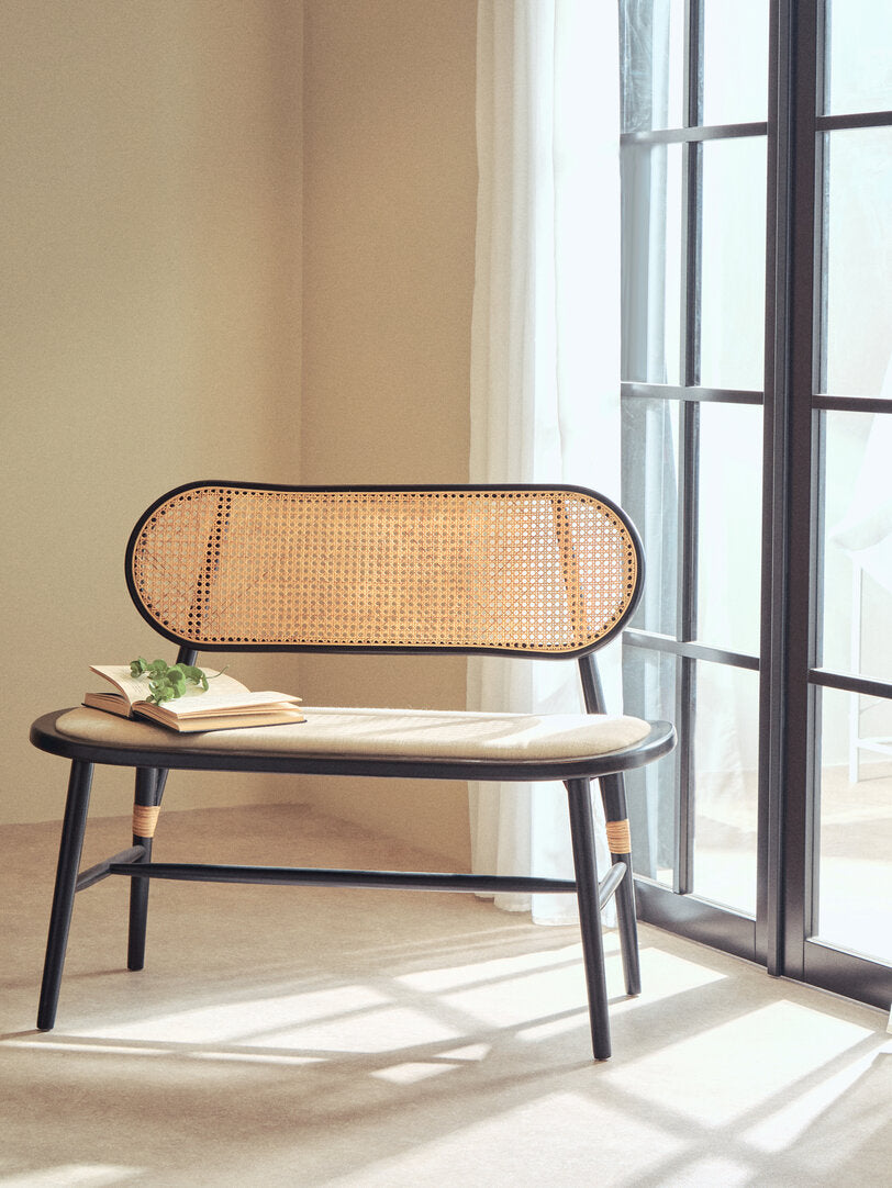 Pacific Natural Cane Bench with Black Elm Wood Frame