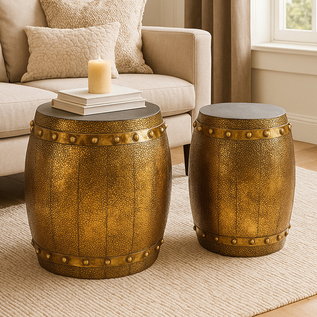 Cyrus Set of 2 Hammered Drum Stools and Tables