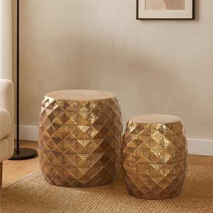 Cyrus Set of 2 Antique Gold Finish Textured Stools and Tables