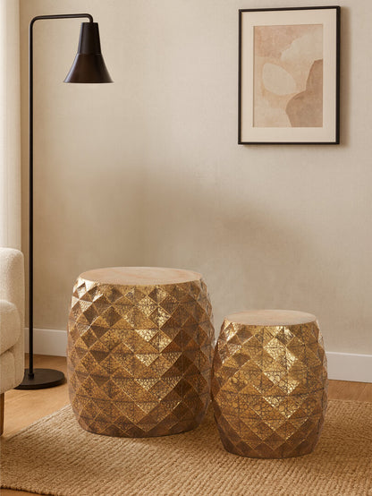 Cyrus Set of 2 Antique Gold Finish Textured Stools and Tables