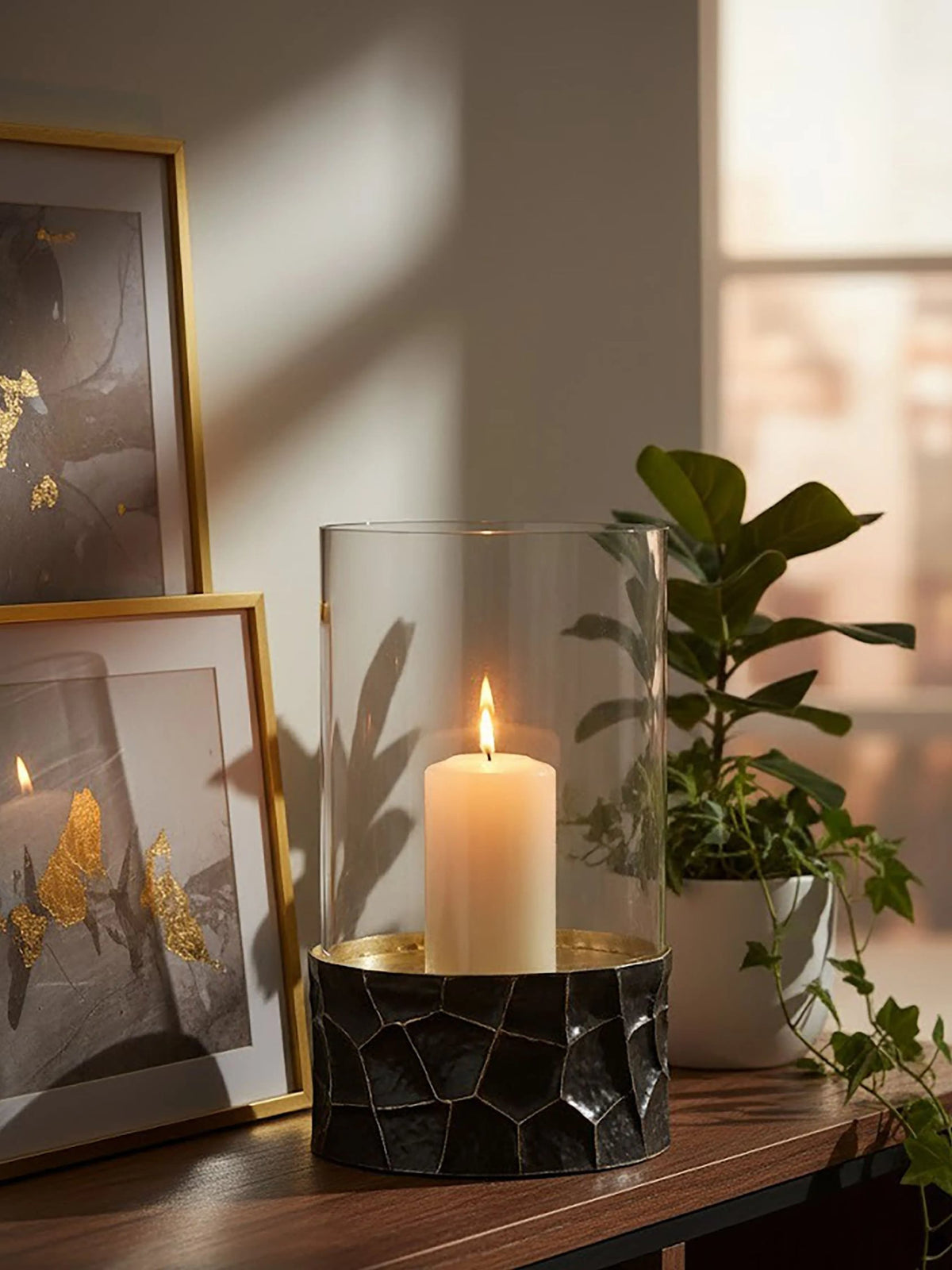 Aureon Black and Gold Large Hurricane Candle Holder