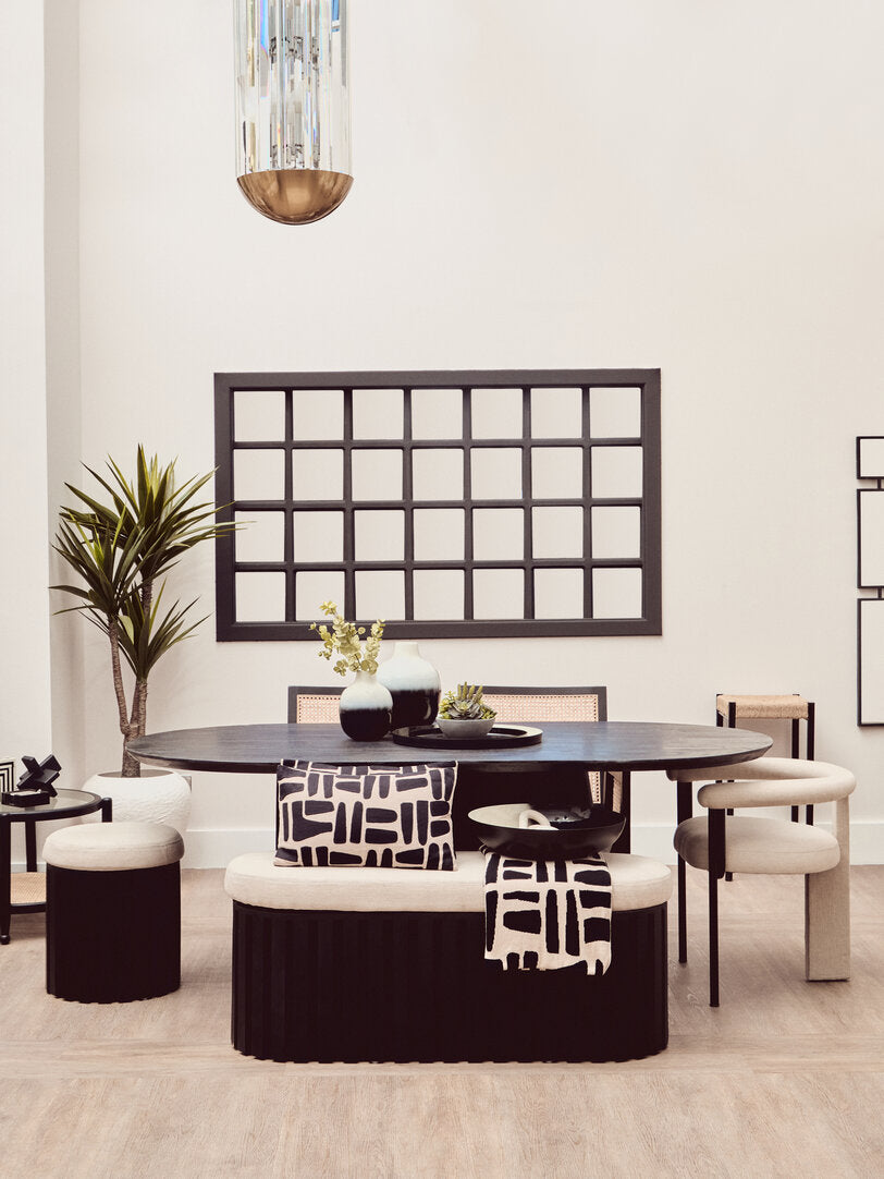 Sicily Black Mango Wood and Cream Linen Stool