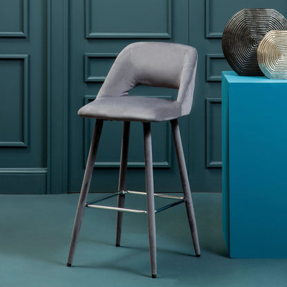 Waverley Grey Velvet Bar Chair with Silver Finish Footrest