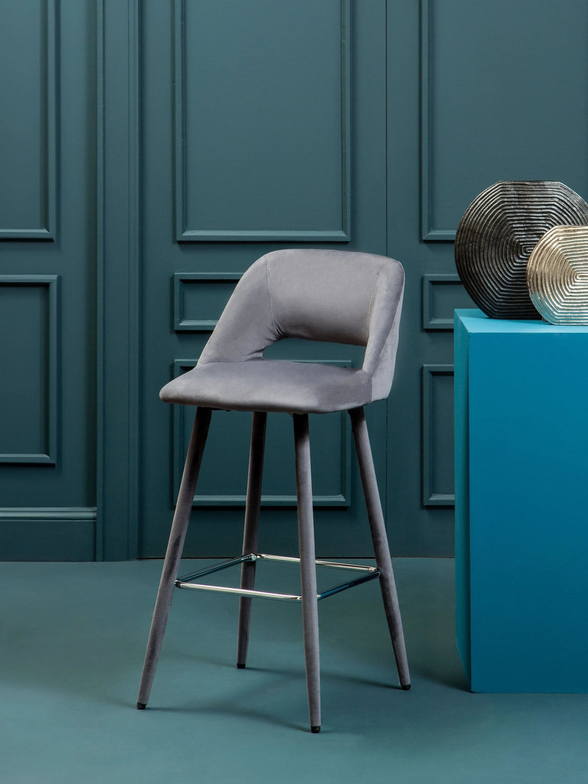 Waverley Grey Velvet Bar Chair with Silver Finish Footrest