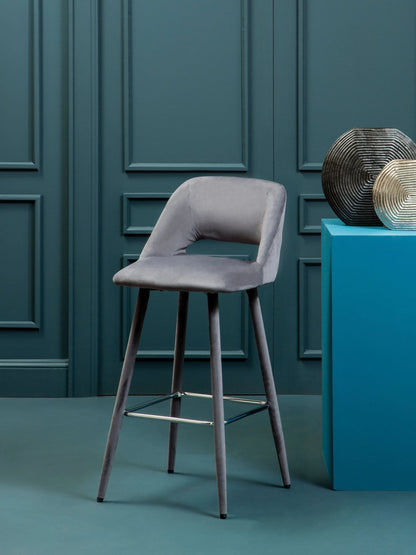 Waverley Grey Velvet Bar Chair with Silver Finish Footrest