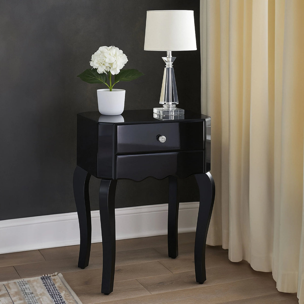 Orchessa 1 Drawer Black Mirrored Glass Side Table