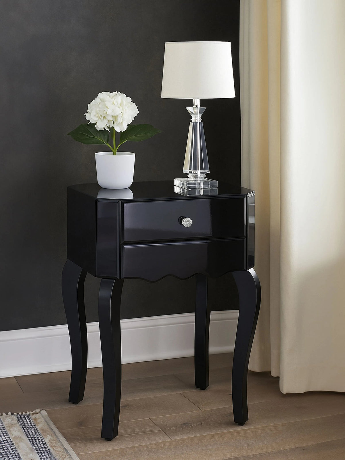 Orchessa 1 Drawer Black Mirrored Glass Side Table