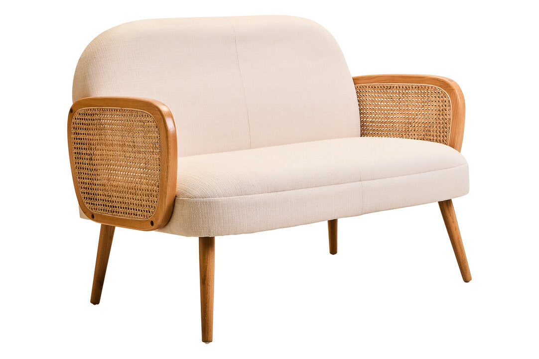 Pacific Ivory Fabric and Cane 2 Seat Sofa with Elm Wood Legs