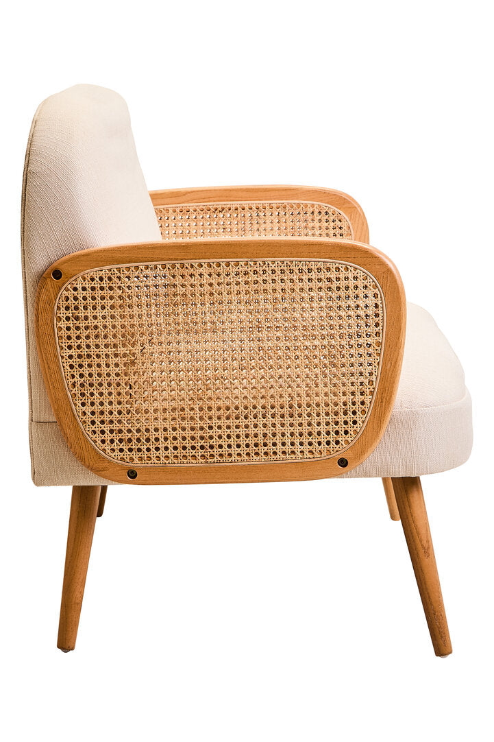 Pacific Ivory Fabric and Cane 2 Seat Sofa with Elm Wood Legs