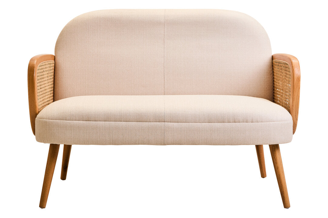 Pacific Ivory Fabric and Cane 2 Seat Sofa with Elm Wood Legs