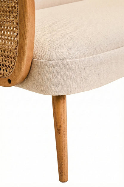 Pacific Ivory Fabric and Cane 2 Seat Sofa with Elm Wood Legs