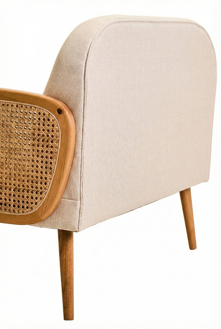 Pacific Ivory Fabric and Cane 2 Seat Sofa with Elm Wood Legs