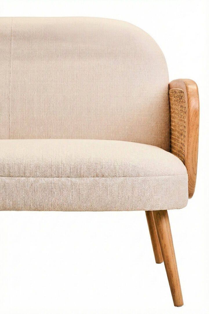 Pacific Ivory Fabric and Cane 2 Seat Sofa with Elm Wood Legs