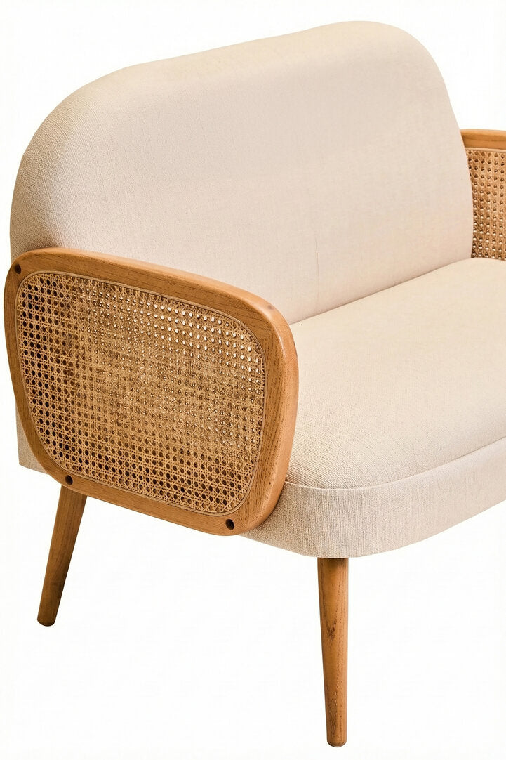 Pacific Ivory Fabric and Cane 2 Seat Sofa with Elm Wood Legs