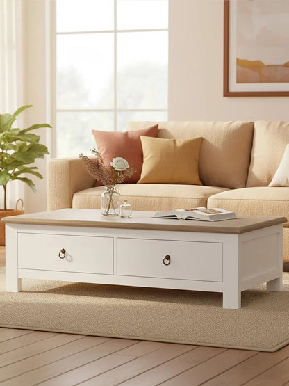 Hawthorne White and Oak Wood Coffee Table with Drawers