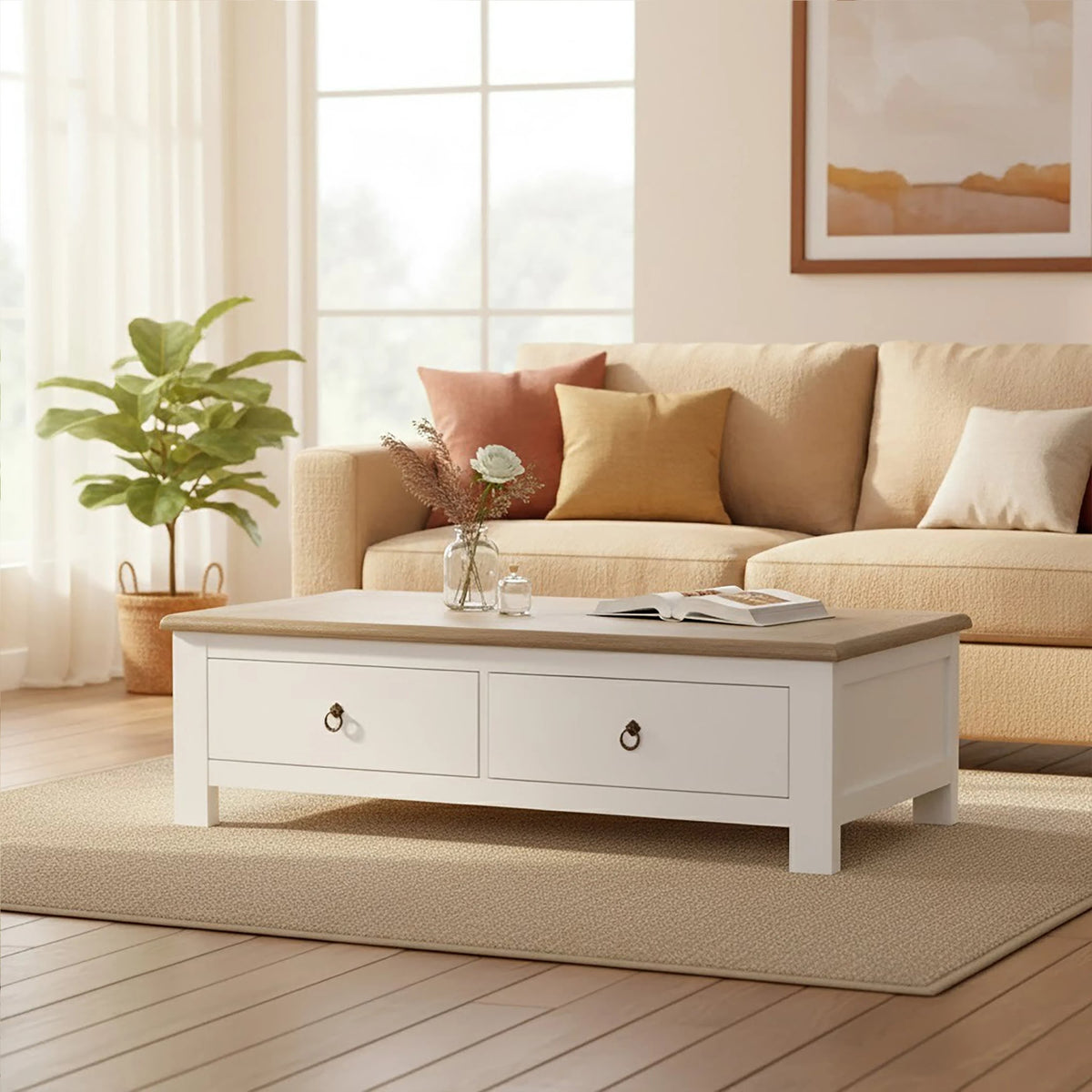Hawthorne White and Oak Wood Coffee Table with Drawers