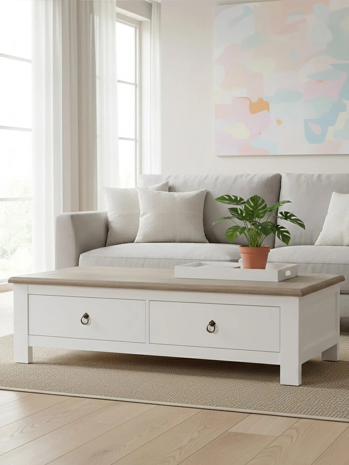Hawthorne White and Oak Wood Coffee Table with Drawers