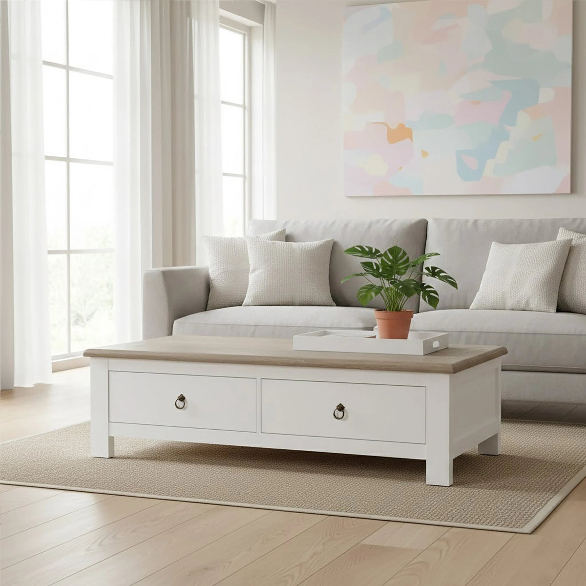 Hawthorne White and Oak Wood Coffee Table with Drawers
