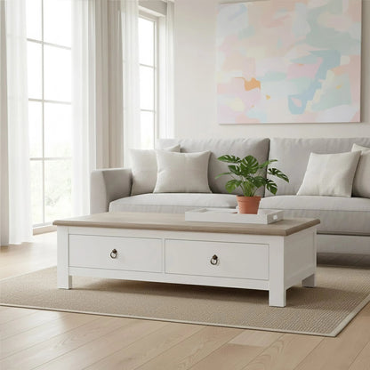 Hawthorne White and Oak Wood Coffee Table with Drawers