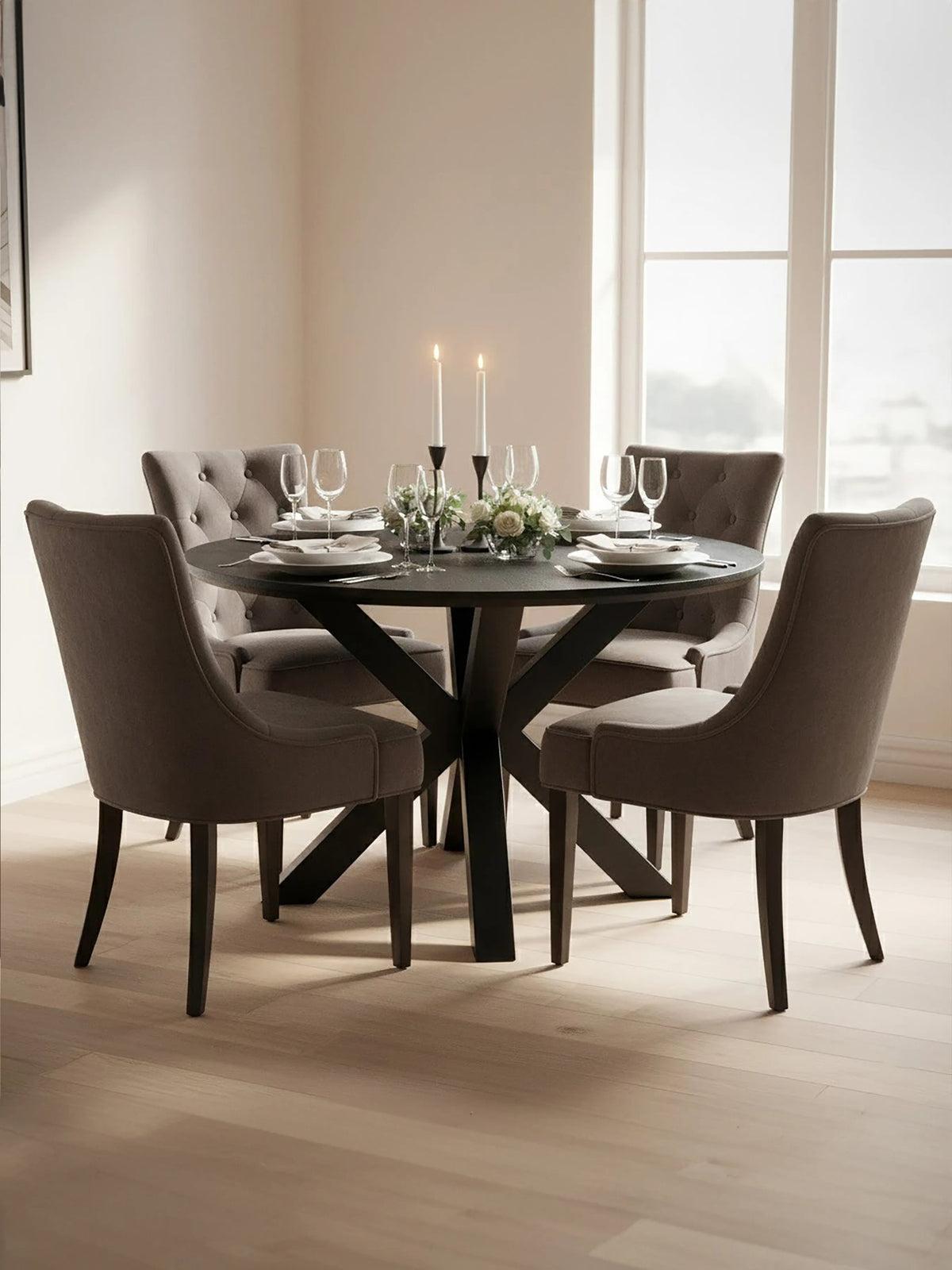 Ancoats Black Wood Veneer Round Dining Table With Metal Legs