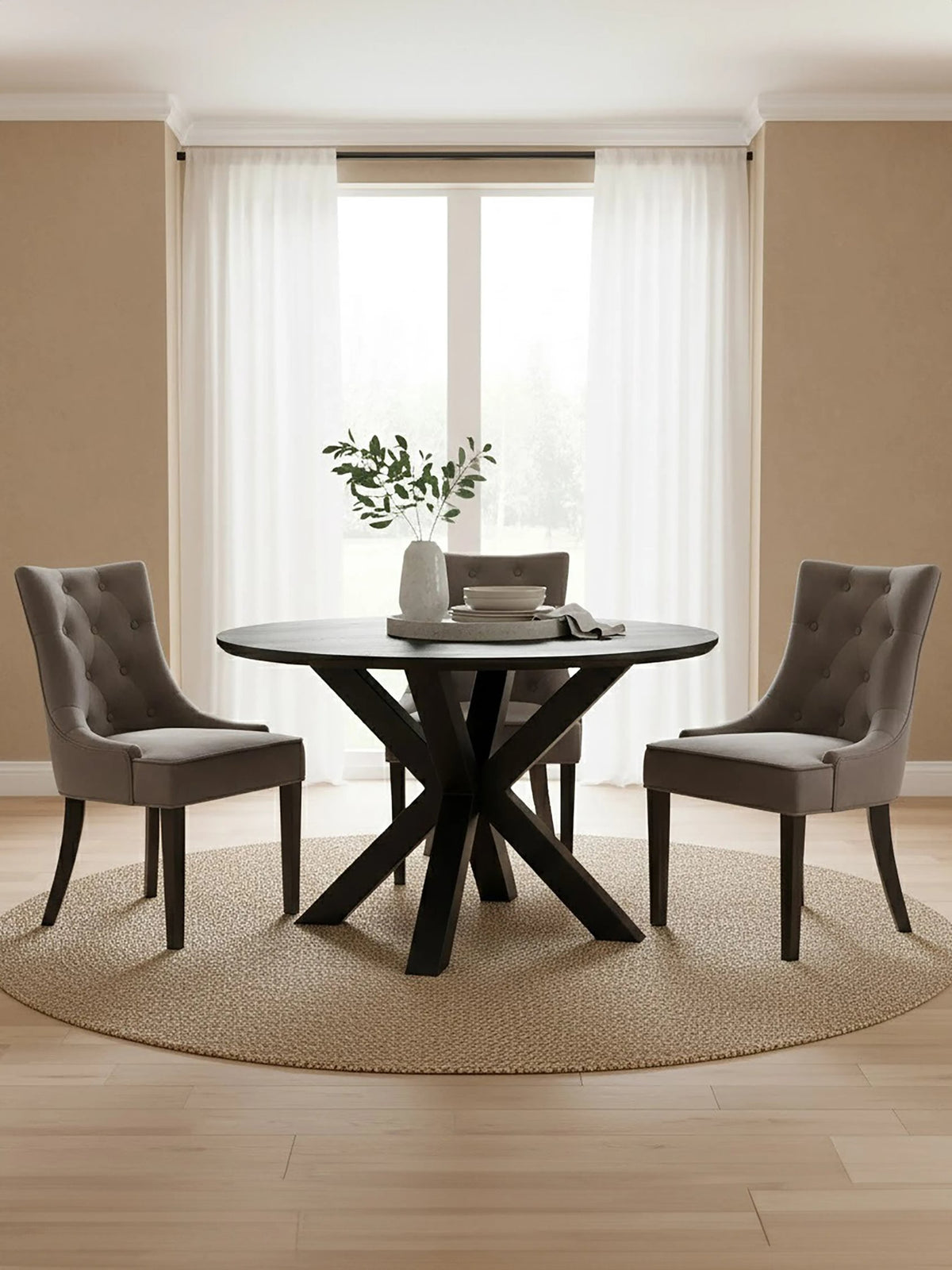 Ancoats Black Wood Veneer Round Dining Table With Metal Legs