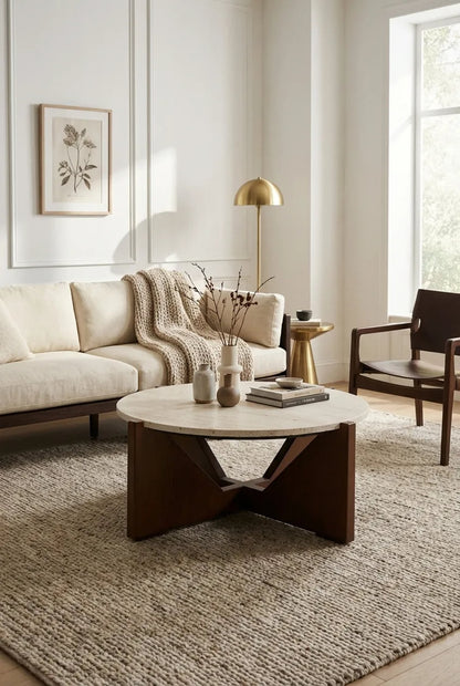 Travelle Travertine Top Coffee Table With Acacia Wood Frame
