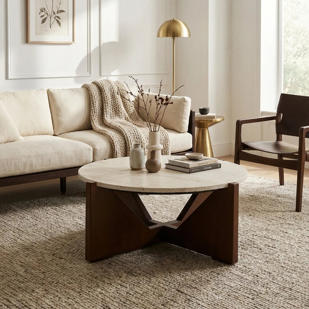 Travelle Travertine Top Coffee Table With Acacia Wood Frame