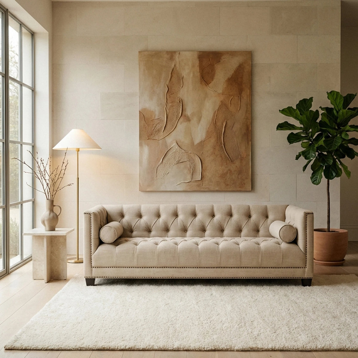Cavendish Stone Fabric 3 Seat Modern Chesterfield Sofa