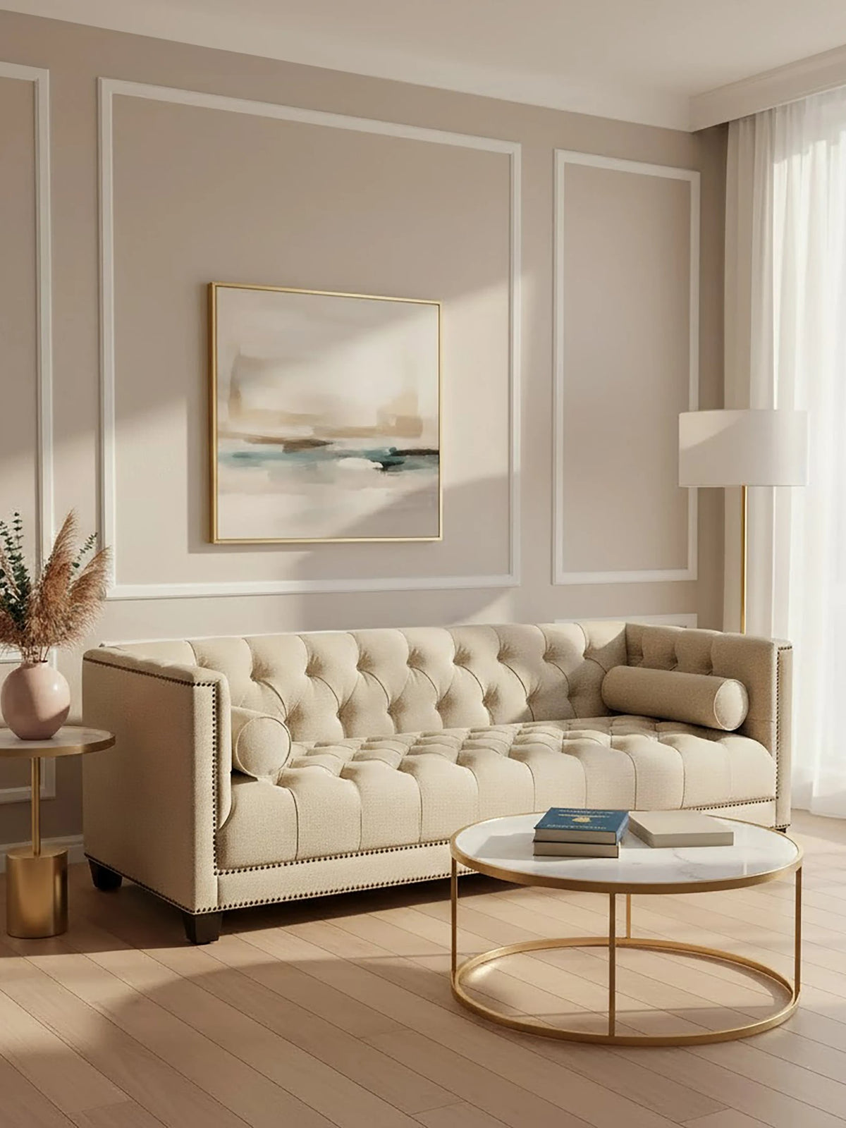 Cavendish Stone Fabric 3 Seat Modern Chesterfield Sofa