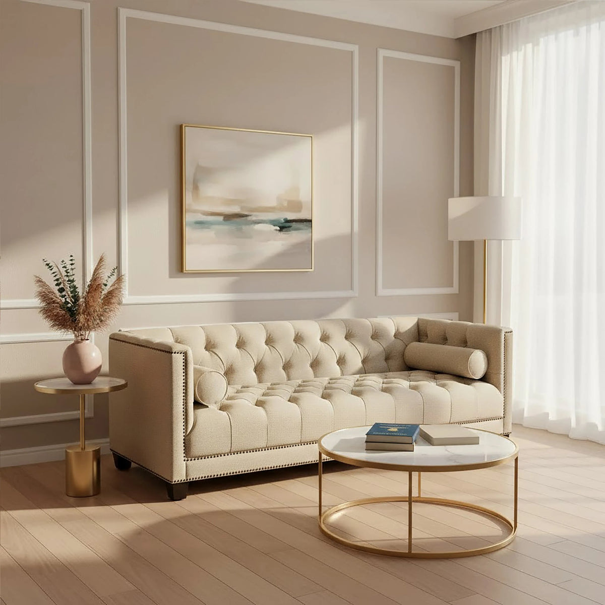 Cavendish Stone Fabric 3 Seat Modern Chesterfield Sofa