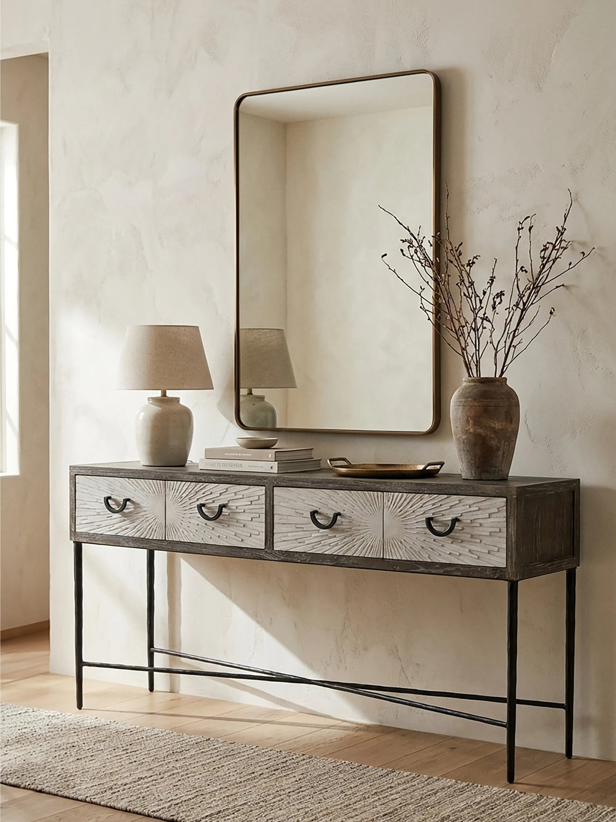 Bergamo Grey Wash Recycled Elm Wood Console Table with Drawers