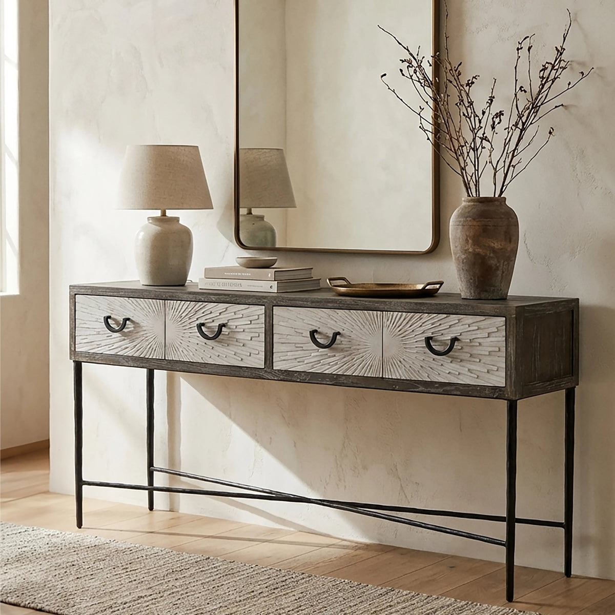 Bergamo Grey Wash Recycled Elm Wood Console Table with Drawers