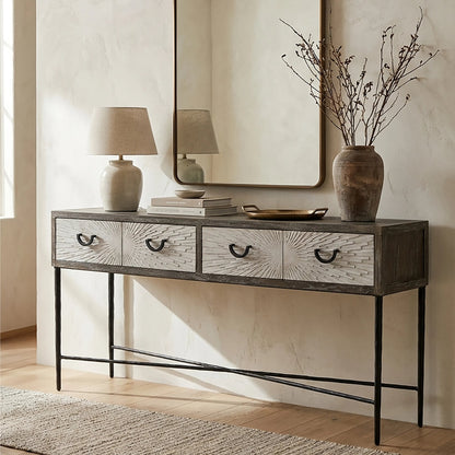 Bergamo Grey Wash Recycled Elm Wood Console Table with Drawers