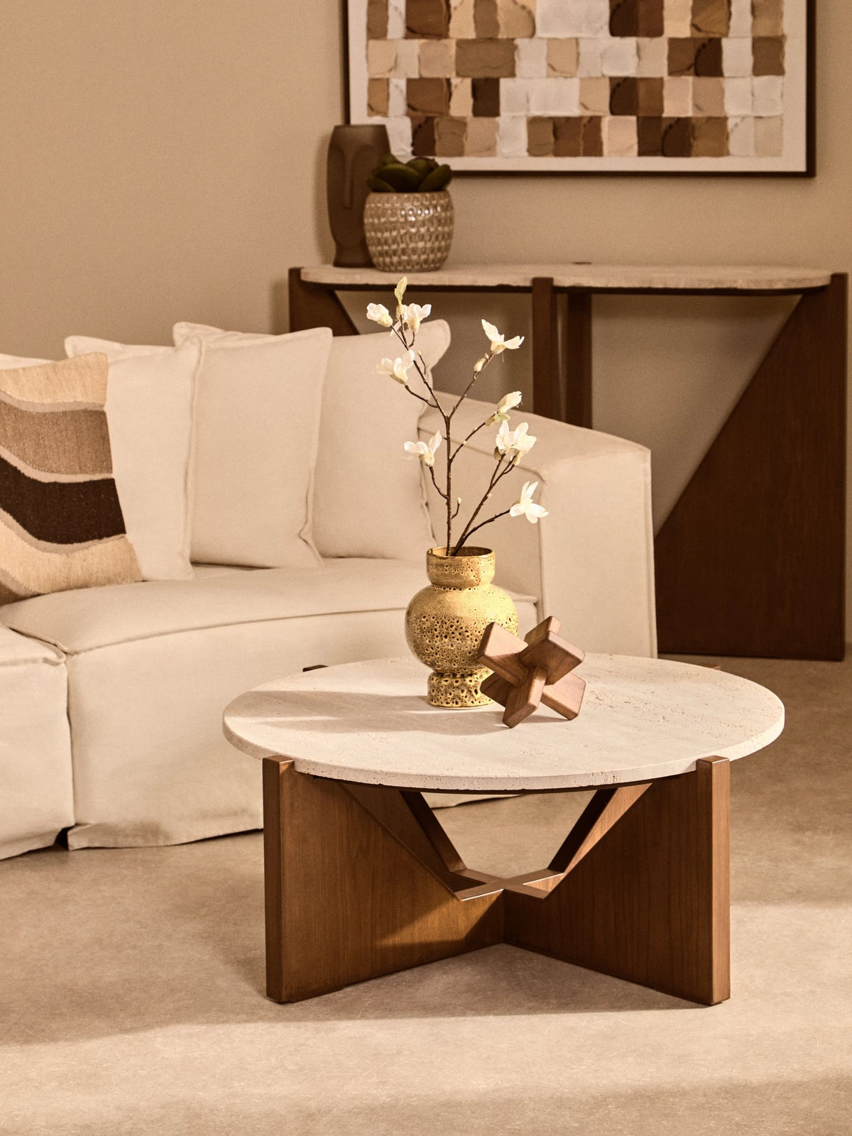 Travelle Travertine Top Coffee Table With Acacia Wood Frame
