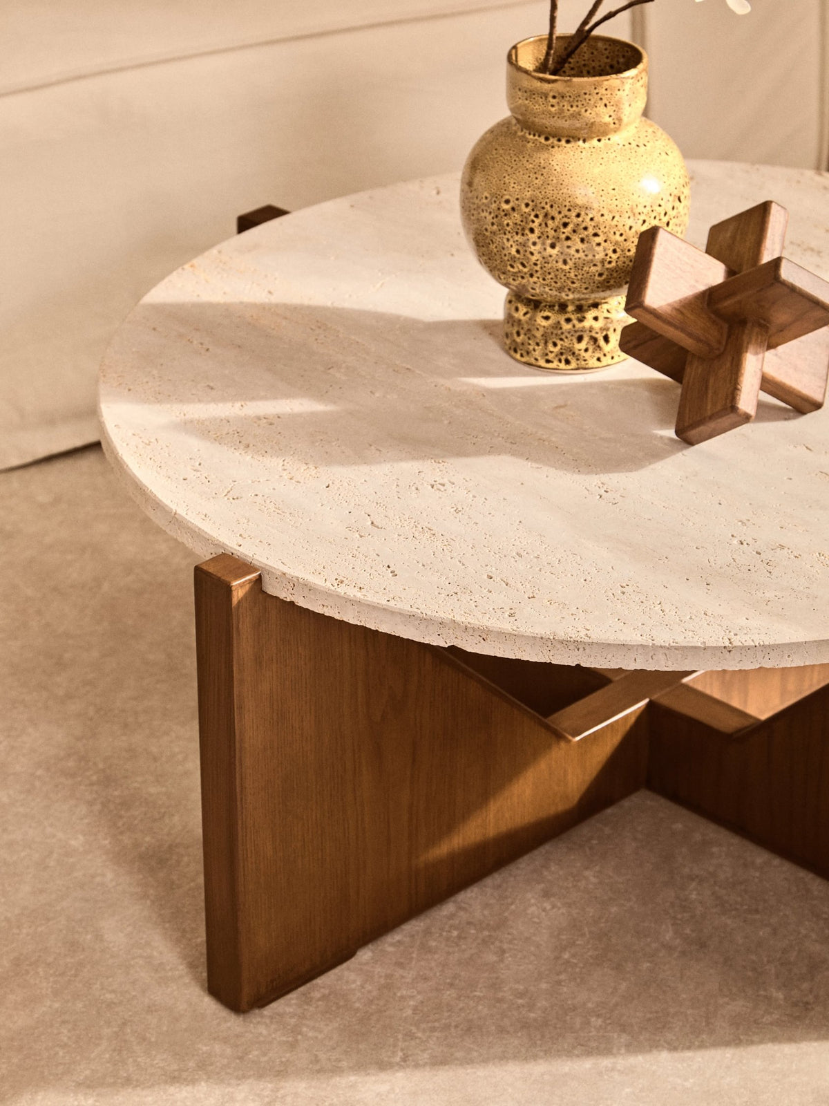 Travelle Travertine Top Coffee Table With Acacia Wood Frame