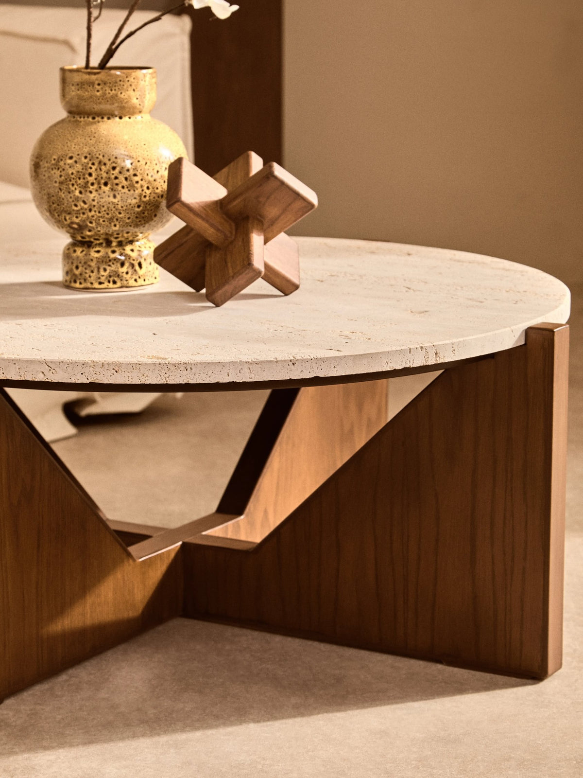 Travelle Travertine Top Coffee Table With Acacia Wood Frame