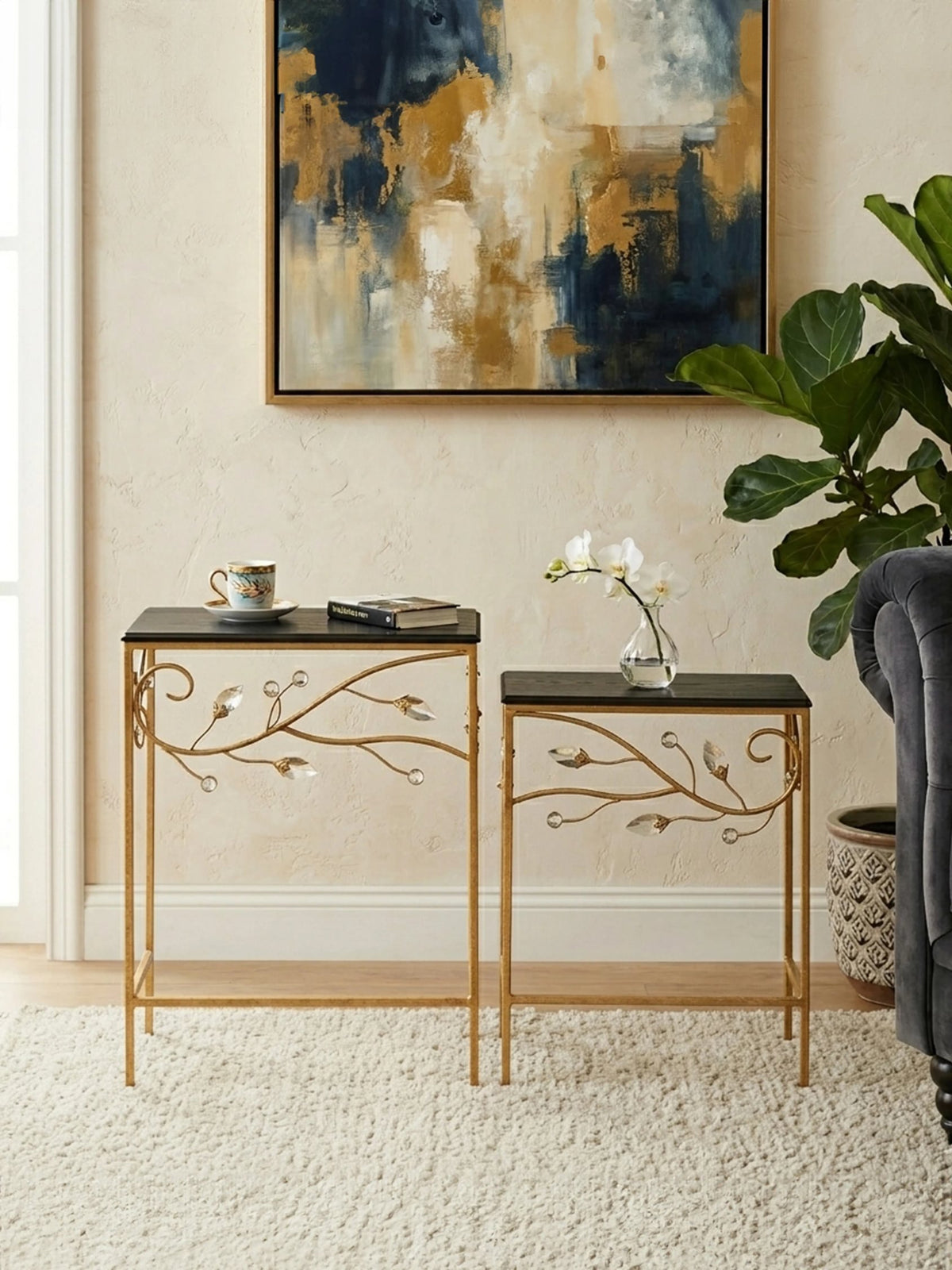 Yarrow Black and Gold Finish Set of 2 Nesting Tables
