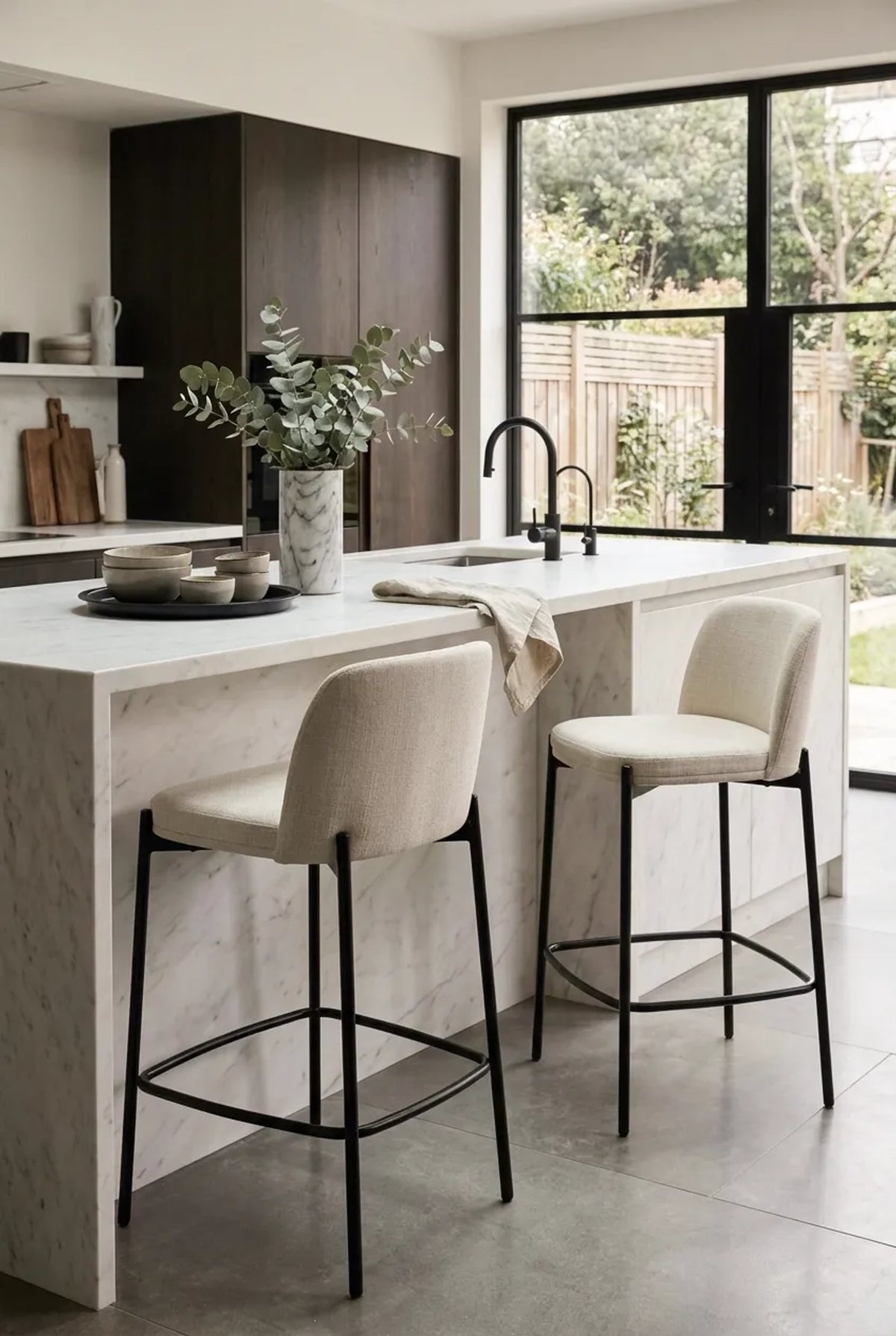 Maddox Set of Two Beige Textured Fabric Bar Chairs with Black Legs