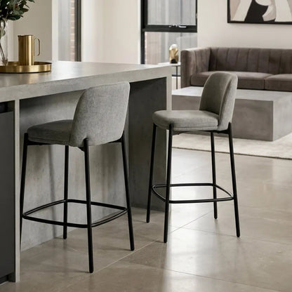 Maddox Set of 2 Light Grey Textured Fabric Bar Chairs with Black Legs