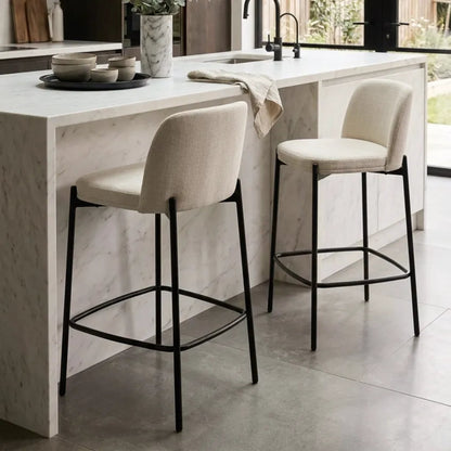 Maddox Set of Two Beige Textured Fabric Bar Chairs with Black Legs
