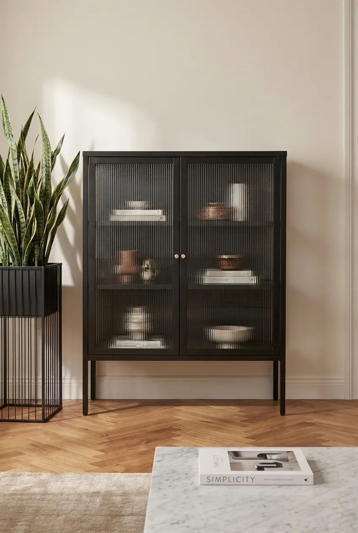 Flutelle Black Metal and Fluted Glass Door Cabinet