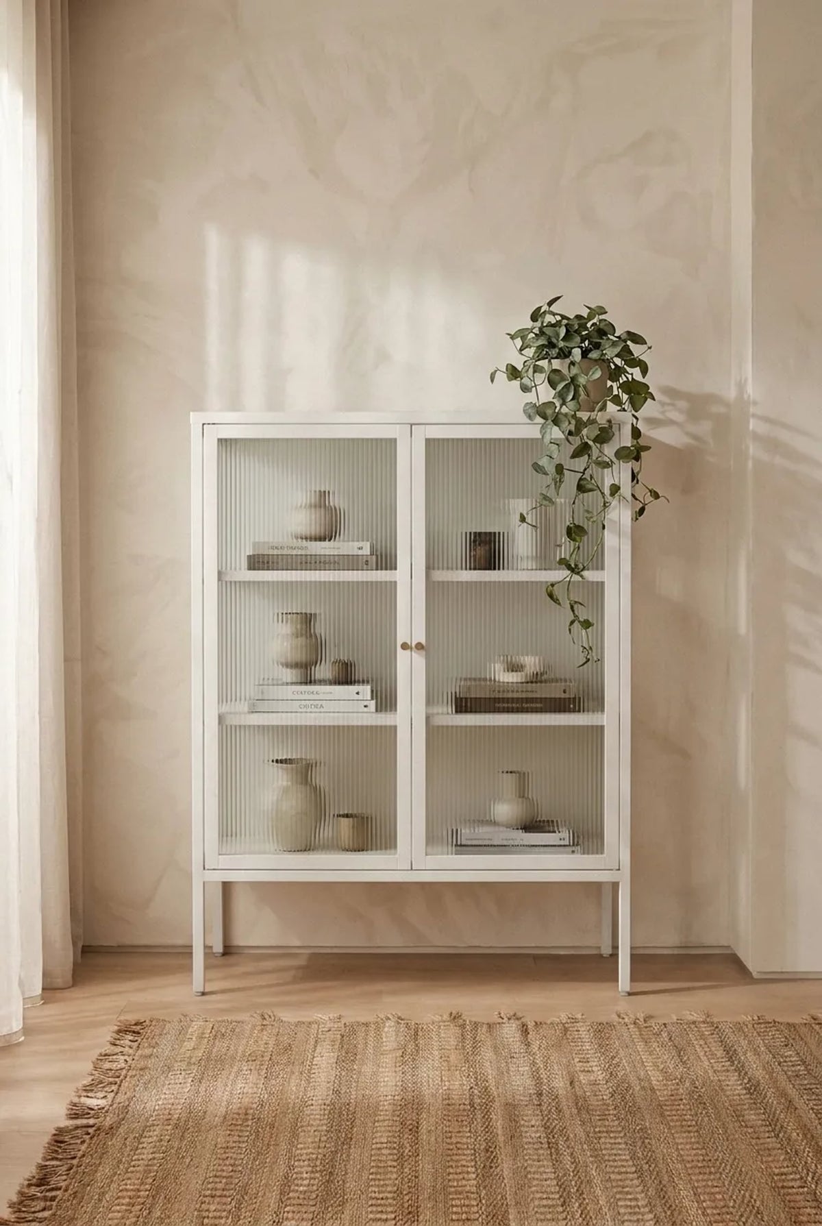 Flutelle Warm White Metal and Fluted Glass Door Cabinet