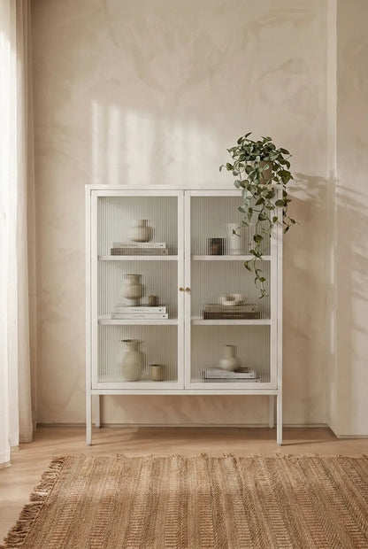 Flutelle Warm White Metal and Fluted Glass Door Cabinet