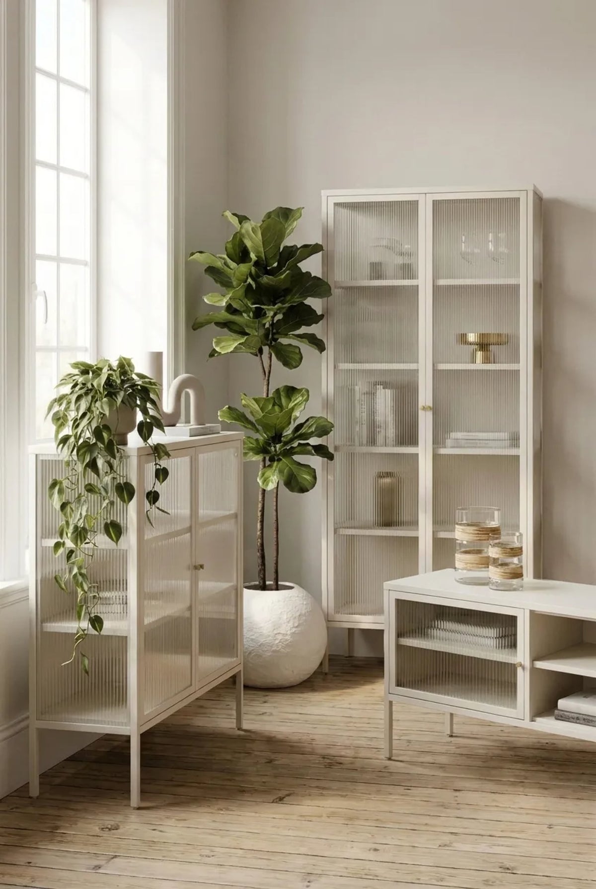 Flutelle Warm White Metal and Fluted Glass Door Cabinet
