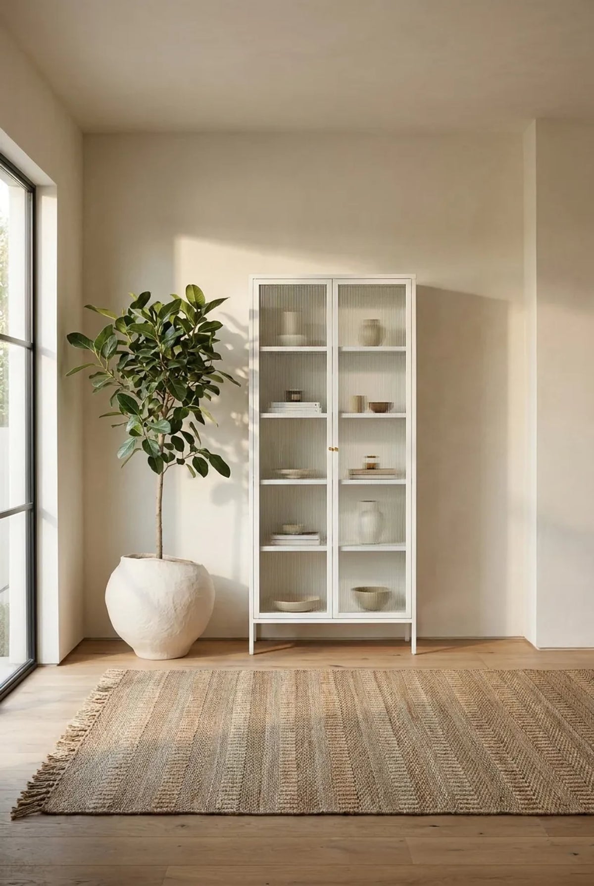 Flutelle Warm White Metal Fluted Glass Door Tall Cabinet