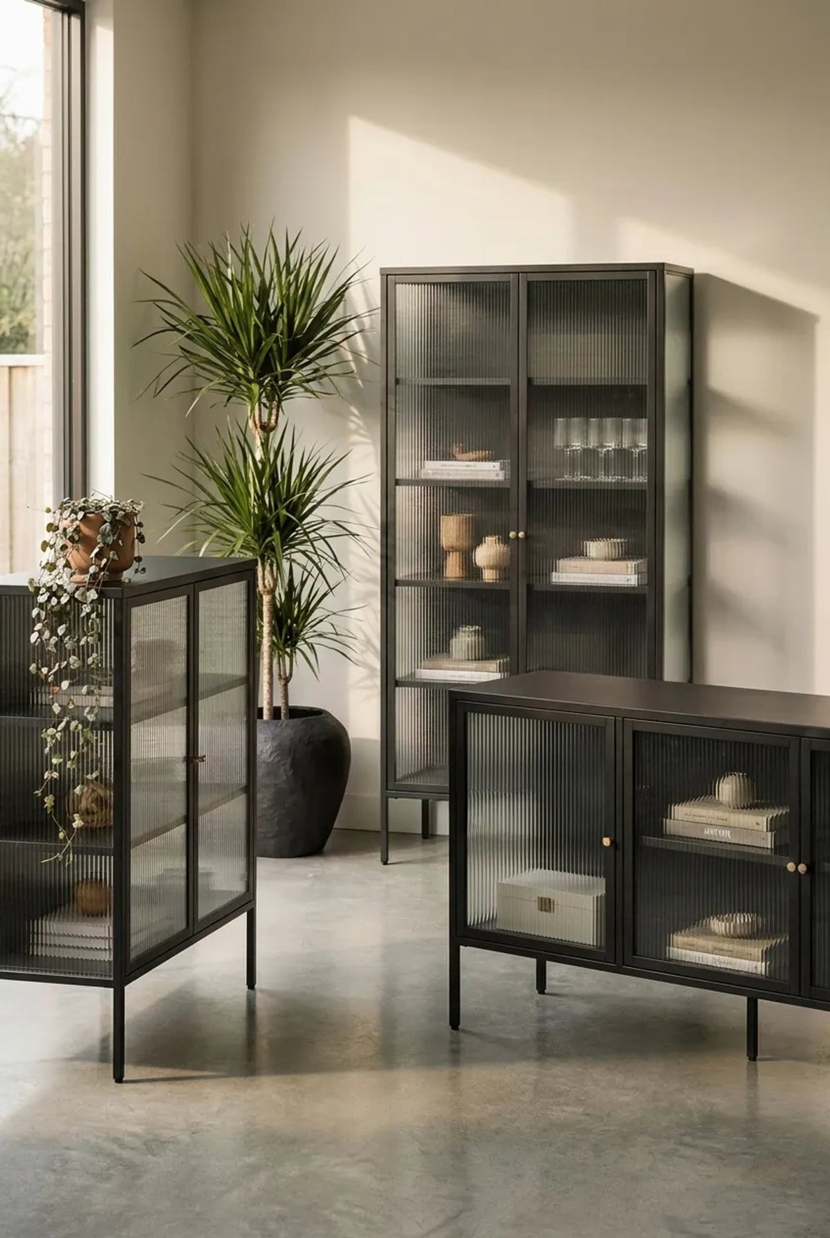 Flutelle Black Metal and Fluted Glass Door Sideboard
