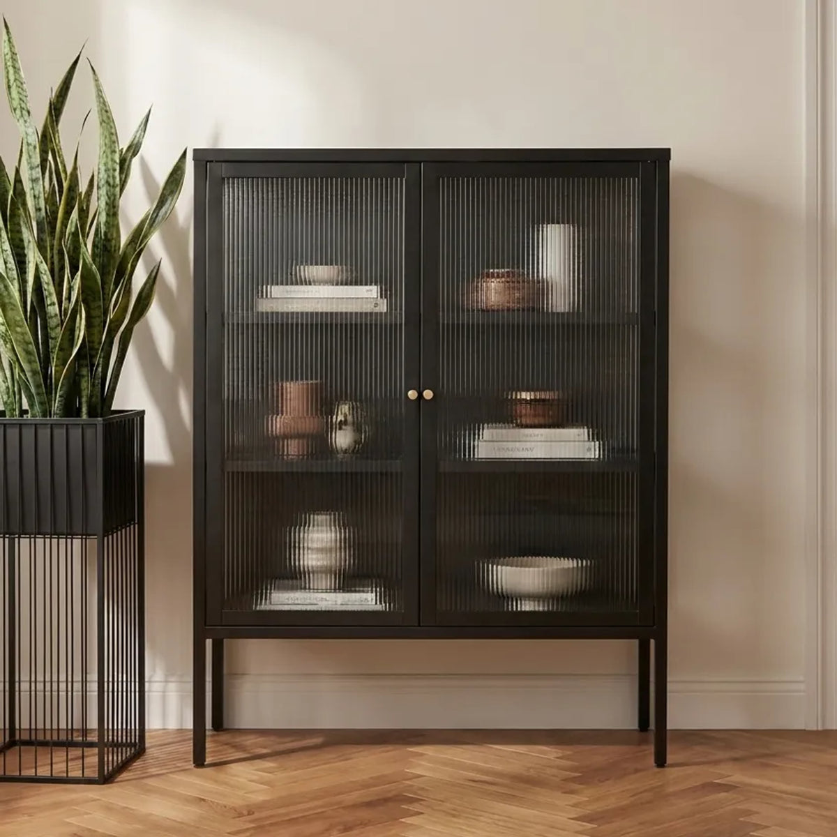 Flutelle Black Metal and Fluted Glass Door Cabinet
