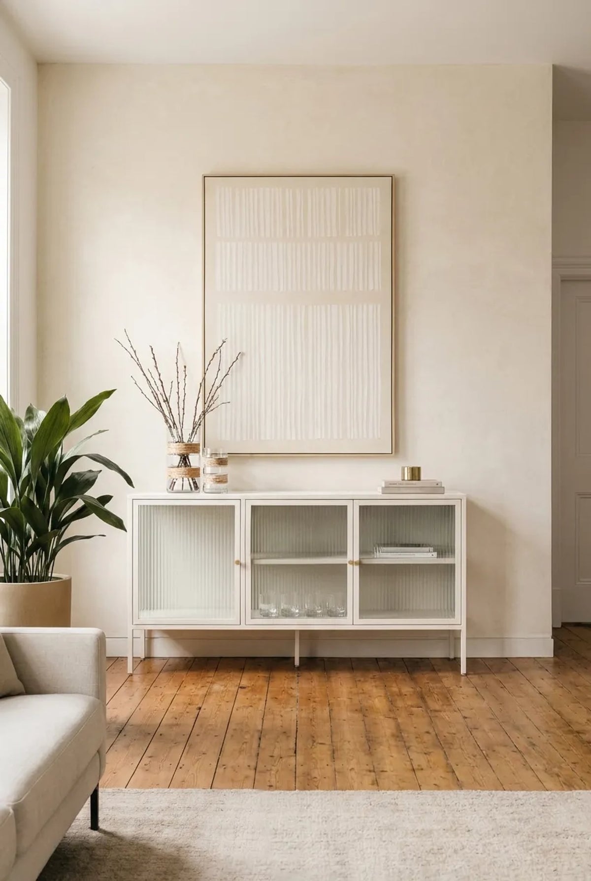Flutelle Warm White Metal Fluted Glass Door Sideboard