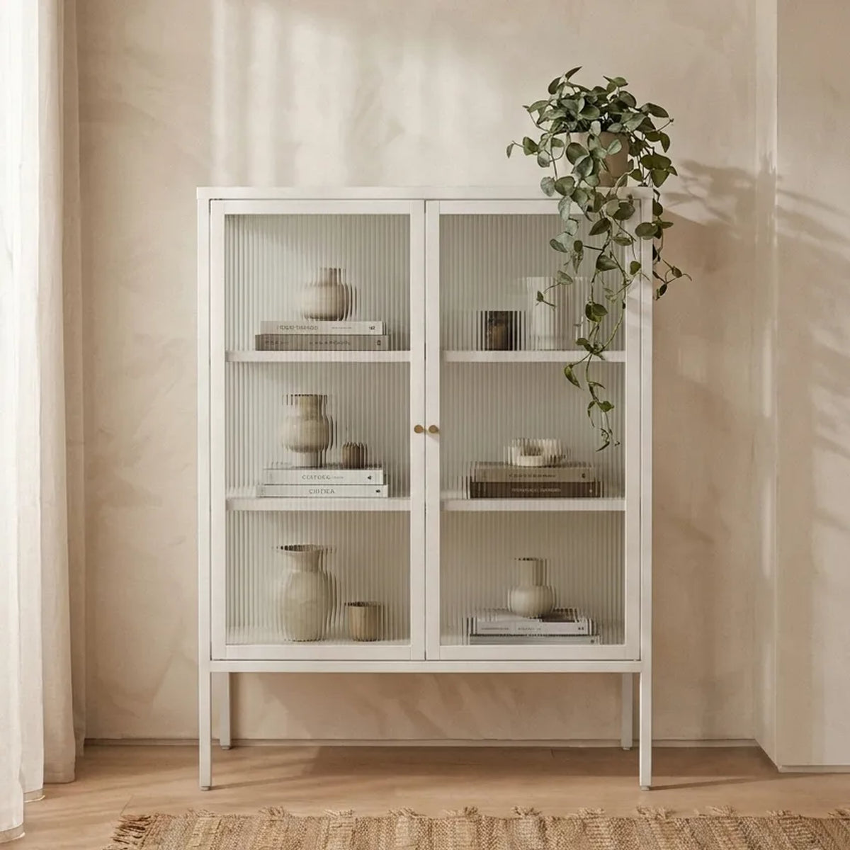 Flutelle Warm White Metal and Fluted Glass Door Cabinet